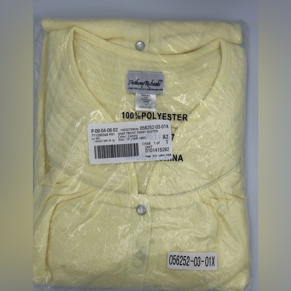 Anthony Richards  Snap Front Terry Duster Housecoat Yellow 1x New Short Sleeve